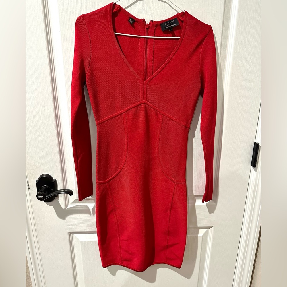 Ted Baker Red Knit Aspin Long Sleeve Celebrity Bodycon Sheath Dress - Picture 5 of 13